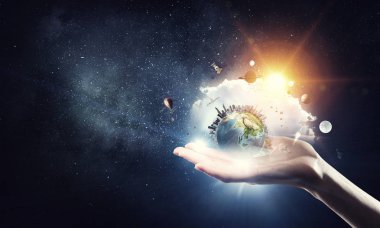 Dünya gezegen içinde palmiye. Karışık teknik