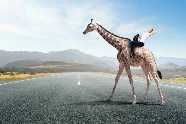 Girl saddle giraffe . Mixed media — Stock Photo, Image