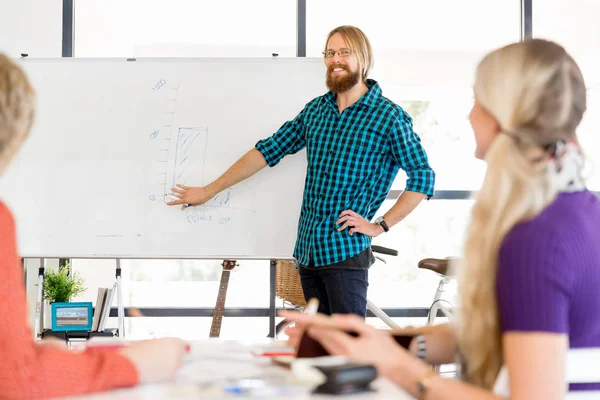 Hombre de negocios casual dando una presentación en la oficina — Foto de Stock