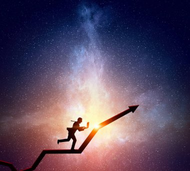 Yıldızlı gökyüzü karşı iş adamı. Karışık teknik