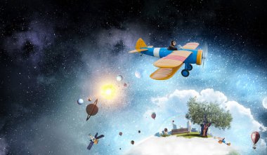 Retro uçak kadında. Karışık teknik