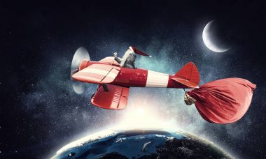 Santa hediyeler teslim için aceleyle. Karışık teknik