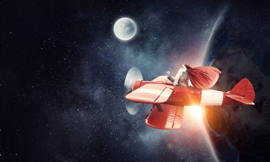 Santa hediyeler teslim için aceleyle. Karışık teknik