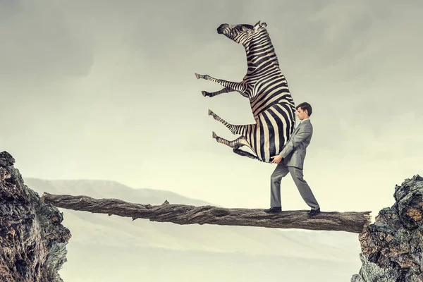 Homem de negócios carregando zebra. Meios mistos — Fotografia de Stock