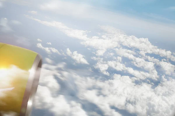 Close of airplane in sky. Mixed media — Stock Photo, Image