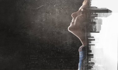 Sevimli çocuk ve modern şehir. Karışık teknik