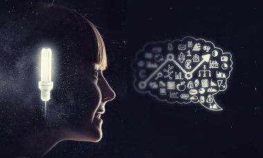 Parlak fikirler kafasının içinde. Karışık teknik