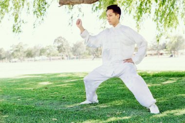 Yakışıklı adam Thai Chi yapıyor.