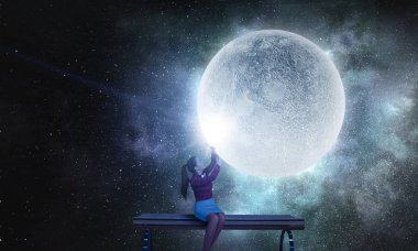 Kadın ve dolunay. Karışık teknik