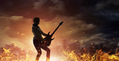 Rock gitar kızla. Karışık teknik