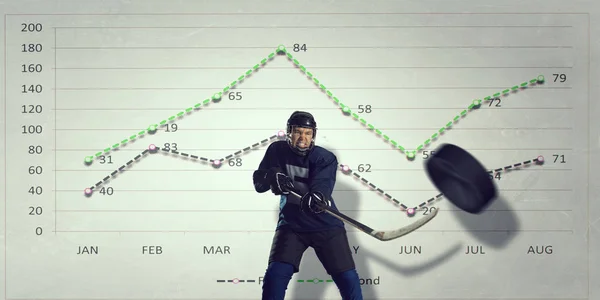 Hockey player and dynamics graph. Mixed media — Stock Photo, Image