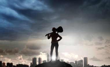 Rock gitar kızla. Karışık teknik