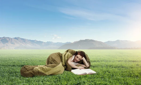 Girl tourist having rest. Mixed media — Stock Photo, Image