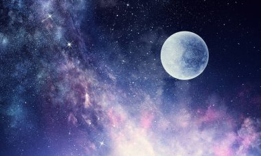 Yıldızlı gökyüzü ve ay. Karışık teknik