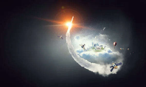 Roket terbang di ruang angkasa. Campuran media — Stok Foto