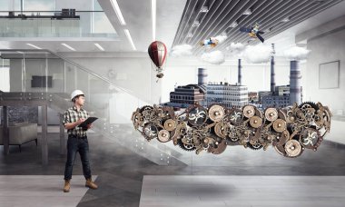 Oluşturucu adam ve saat. Karışık teknik