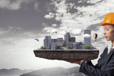 Kadın sunan inşaat projesi. Karışık teknik