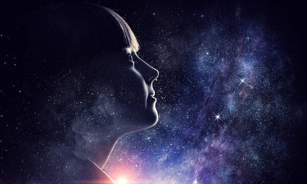 Девушка на звездном небе. Смешанные медиа
