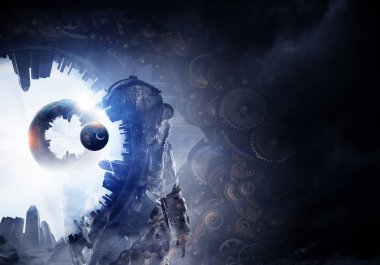 Astronot fantezi dünyasında. Karışık teknik