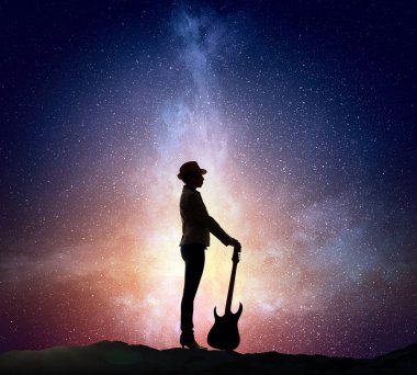 Rock gitar kızla. Karışık teknik