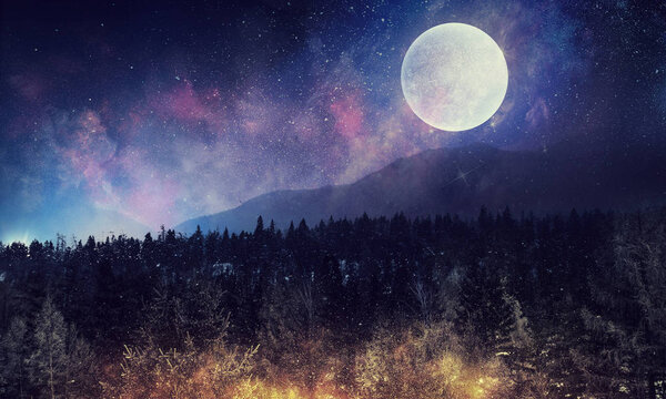 Звёздное небо и луна. Смешанные медиа
