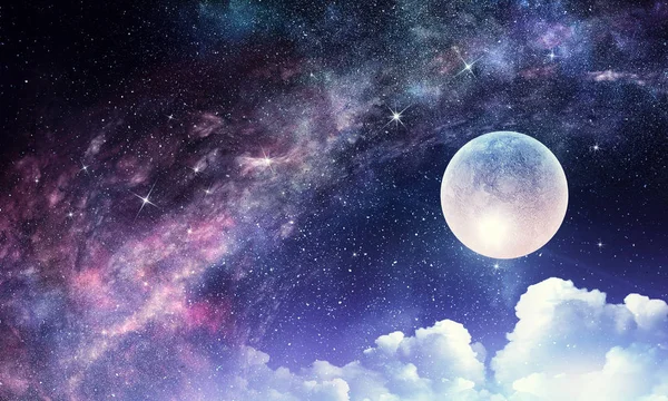 Зоряне небо і Місяць. Змішані носії — стокове фото