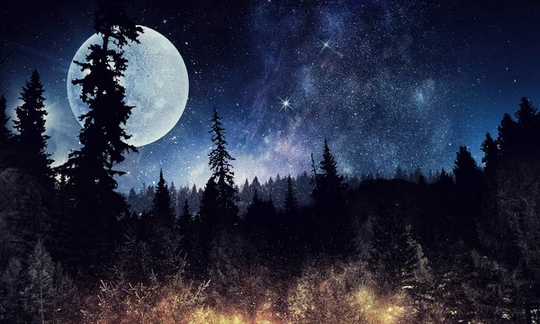 Csillagos ég és a Hold. Vegyes technika — Stock Fotó
