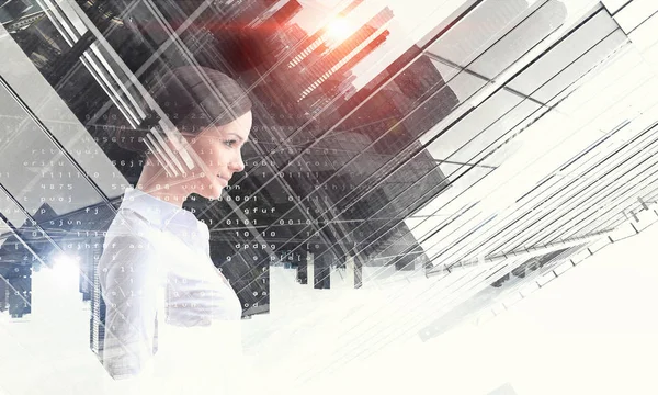 Businesswoman and modern city background. Mixed media — Stock Photo, Image