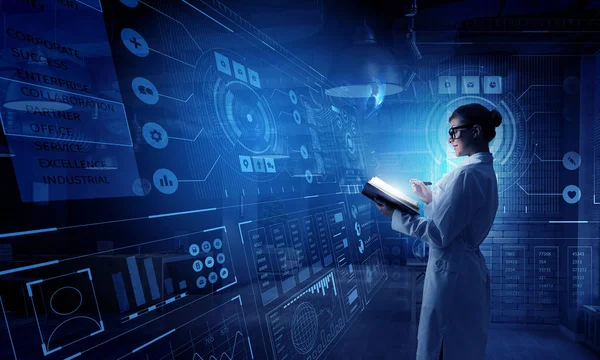 Scientist woman doing research. Mixed media — Stock Photo, Image