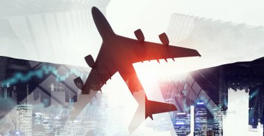 Alt görünümü uçağın şehir üzerinde. Karışık teknik