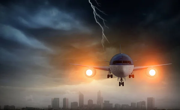 Emergency airplane landing. Mixed media — Stock Photo, Image