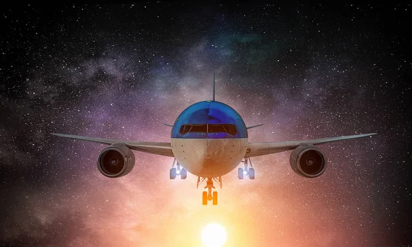 Noční let dopravní letadlo. Kombinovaná technika — Stock fotografie