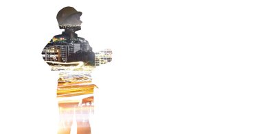 Mühendis kadın ve cityscape. Karışık teknik