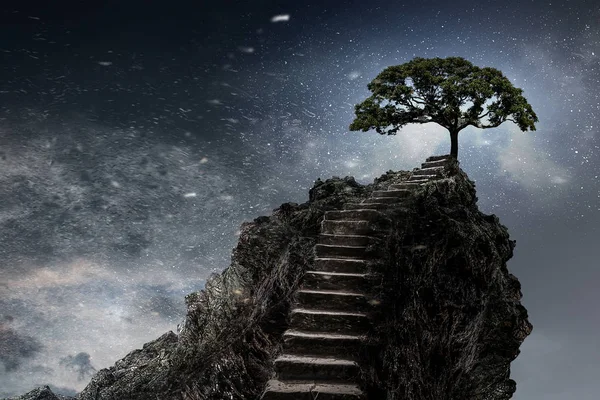 Taş imkan ve ağaç üstünde tepe. Karışık teknik