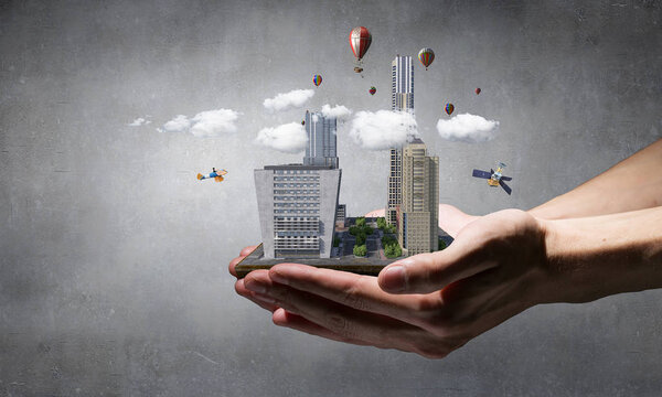 Urban construction development. Mixed media