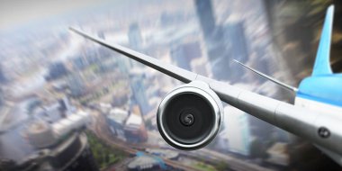 Uçağın gökyüzünde kapatın. Karma ortam. Karışık teknik