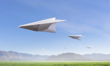 Origami uçak gökyüzünde uçan. Karışık teknik