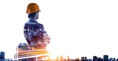 Mühendis kadın ve cityscape. Karışık teknik