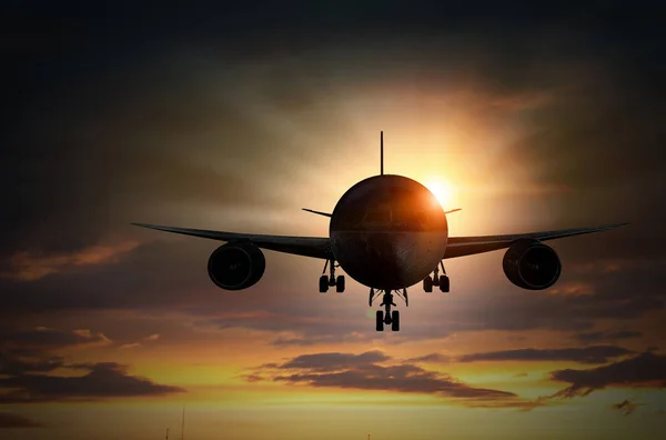 Silhouette of airplane in sky. Mixed media — Stock Photo, Image