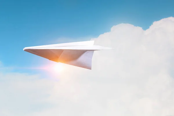 Origami plane flying in sky. Mixed media . Mixed media — Stock Photo, Image