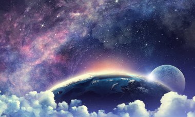 Yıldızlı gökyüzü ve ay. Karışık teknik