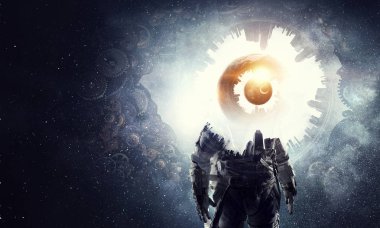 Astronot fantezi dünyasında. Karışık teknik