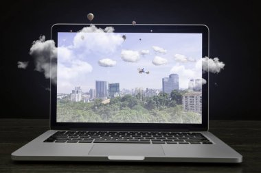 Dış manzara üstünde perde. Karışık teknik