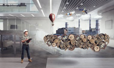 Oluşturucu adam ve saat. Karışık teknik