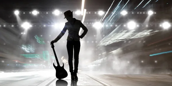Rock tjej med gitarr. Mixed media — Stockfoto