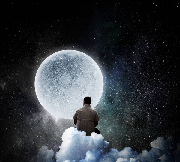 Fat man sitting on cloud in night sky. Mixed media