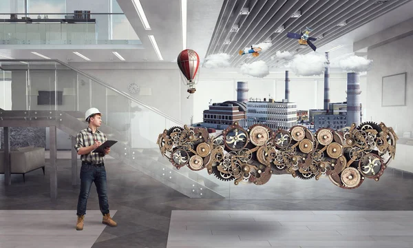 Oluşturucu adam ve saat. Karışık teknik