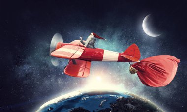 Santa hediyeler teslim için aceleyle. Karışık teknik