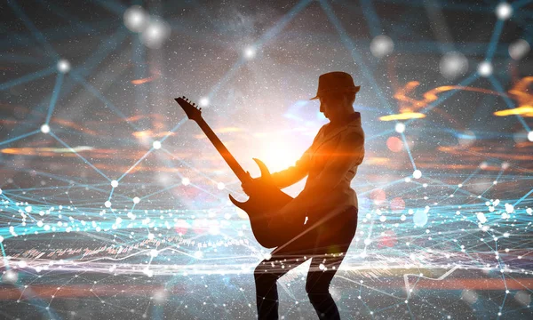 Rocková dívka s kytarou. Kombinovaná technika — Stock fotografie