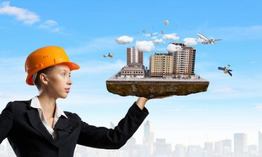 Kadın sunan inşaat projesi. Karışık teknik